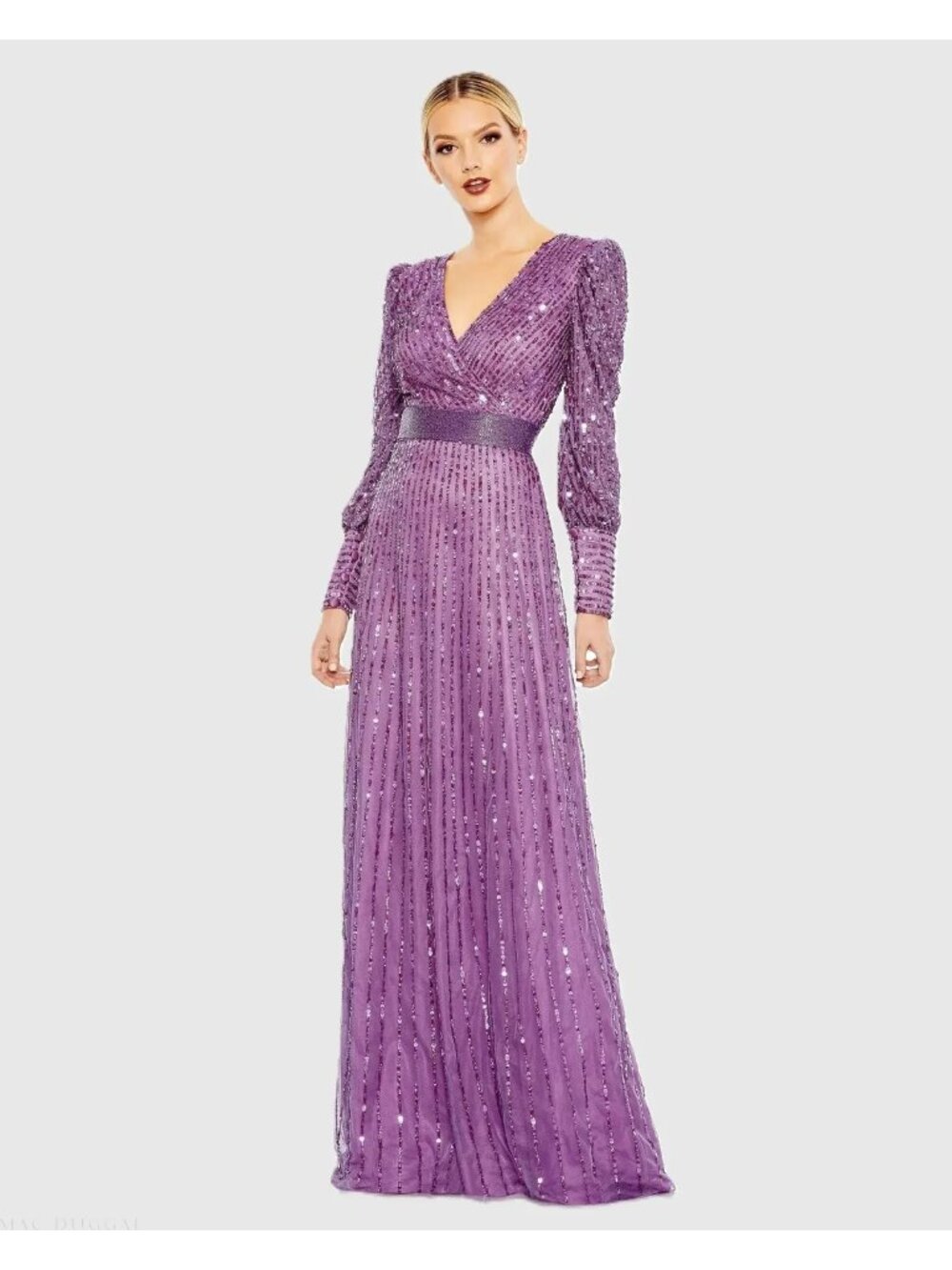 Mac Duggal Purple Sequined Wrap Over Bishop Sleeve Gown Sz 24 MAU Raspberry